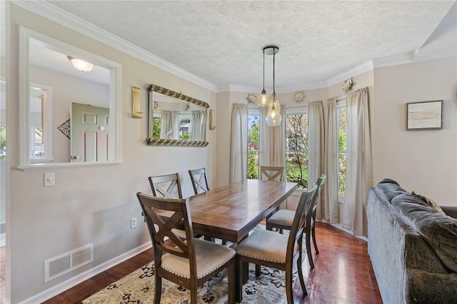 763 Bel Arbor Trl, Webster, NY 14580 - dining space with dark wood-type flooring, a textured ceiling, crown molding, and baseboards