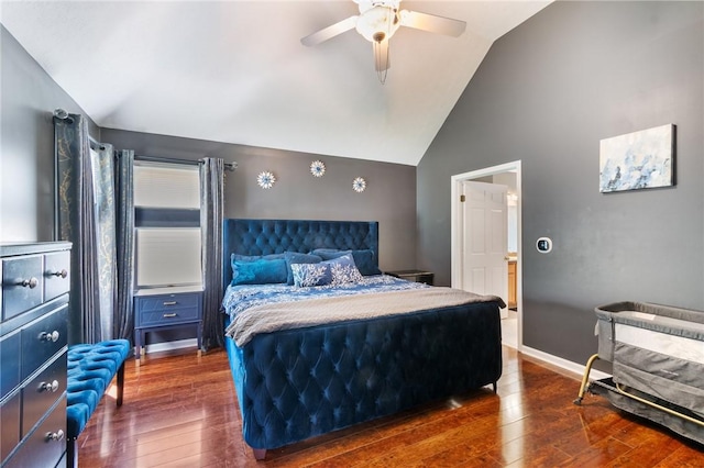 763 Bel Arbor Trl, Webster, NY 14580 - bedroom featuring dark wood-style flooring, a ceiling fan, baseboards, and high vaulted ceiling