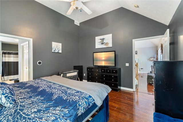 763 Bel Arbor Trl, Webster, NY 14580 - bedroom with dark wood finished floors, high vaulted ceiling, baseboards, a ceiling fan, and connected bathroom