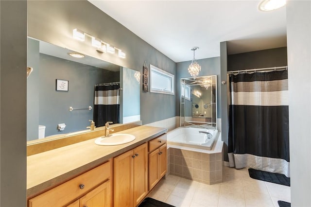 763 Bel Arbor Trl, Webster, NY 14580 - bathroom featuring tile patterned flooring, a bath, vanity, a chandelier, and curtained shower