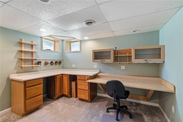 763 Bel Arbor Trl, Webster, NY 14580 - home office featuring built in desk, light colored carpet, baseboards, and a drop ceiling
