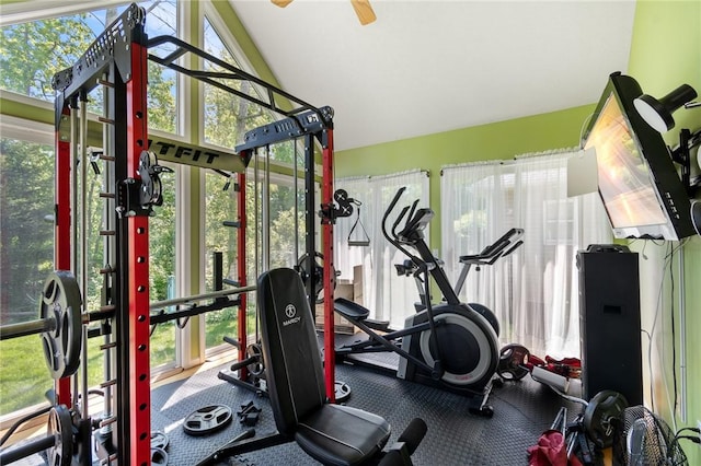 763 Bel Arbor Trl, Webster, NY 14580 - workout area featuring healthy amount of natural light, high vaulted ceiling, carpet, and ceiling fan