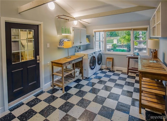 1225 W Arnold Dr, Hamburg, NY 14085 - laundry area with cabinet space, separate washer and dryer, baseboards, and tile patterned floors