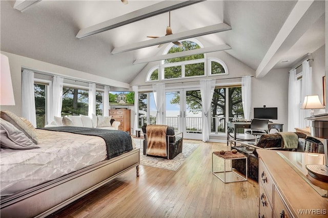 1225 W Arnold Dr, Hamburg, NY 14085 - bedroom with french doors, beamed ceiling, access to exterior, light wood-type flooring, and a desk