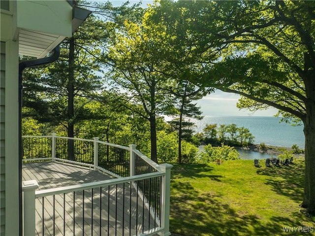 1225 W Arnold Dr, Hamburg, NY 14085 - wooden terrace with a water view and a lawn