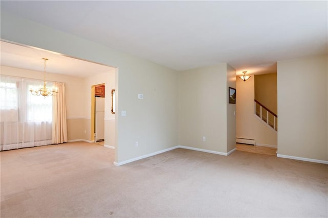 61 Brookside Cir, Big Flats, NY 14903 - unfurnished room featuring a baseboard heating unit, a chandelier, light colored carpet, and stairway