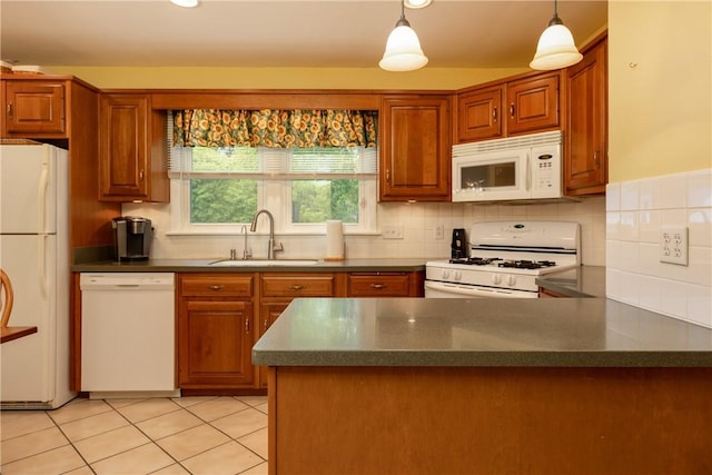 61 Brookside Cir, Big Flats, NY 14903 - kitchen featuring white appliances, a sink, brown cabinetry, and tasteful backsplash