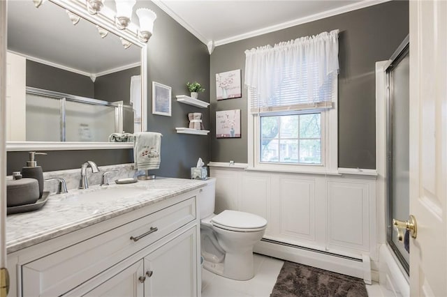 126 True Hickory Dr, Greece, NY 14615 - bathroom with baseboard heating, crown molding, vanity, toilet, and a wainscoted wall