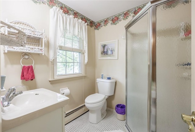 126 True Hickory Dr, Greece, NY 14615 - bathroom with a baseboard radiator, a stall shower, toilet, vanity, and tile patterned flooring