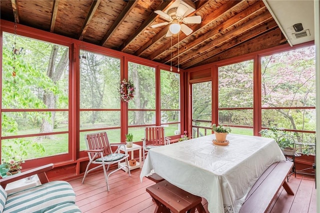 126 True Hickory Dr, Greece, NY 14615 - sunroom featuring a ceiling fan, vaulted ceiling, and outdoor dining area