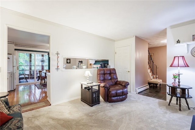 126 True Hickory Dr, Greece, NY 14615 - living area featuring a baseboard heating unit, stairway, crown molding, carpet flooring, and baseboards
