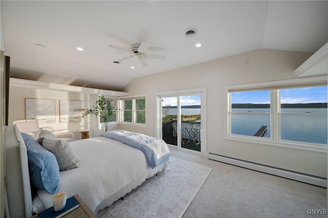97 Burtis Point Rd, Owasco, NY 13021 - bedroom featuring vaulted ceiling, a baseboard radiator, access to outside, light colored carpet, and recessed lighting