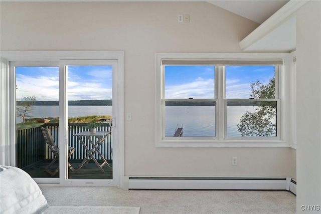97 Burtis Point Rd, Owasco, NY 13021 - bedroom with access to exterior, a baseboard heating unit, a water view, carpet flooring, and multiple windows