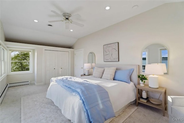97 Burtis Point Rd, Owasco, NY 13021 - carpeted bedroom featuring lofted ceiling, recessed lighting, a closet, and a ceiling fan