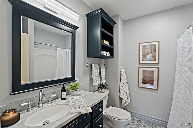 97 Burtis Point Rd, Owasco, NY 13021 - full bathroom with vanity, toilet, curtained shower, and baseboards