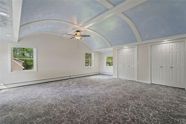 97 Burtis Point Rd, Owasco, NY 13021 - unfurnished bedroom with a baseboard radiator, multiple closets, a ceiling fan, and baseboards