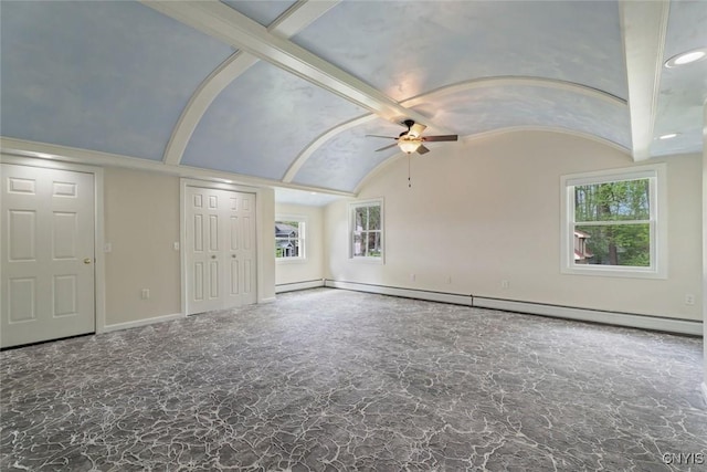 97 Burtis Point Rd, Owasco, NY 13021 - unfurnished living room with a baseboard heating unit, ceiling fan, and baseboards