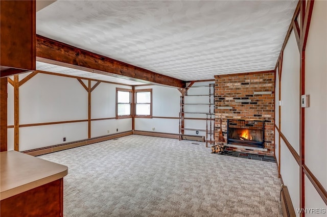 7415 Colonial Dr, Niagara, NY 14305 - unfurnished living room featuring carpet, a textured ceiling, a baseboard radiator, and a fireplace