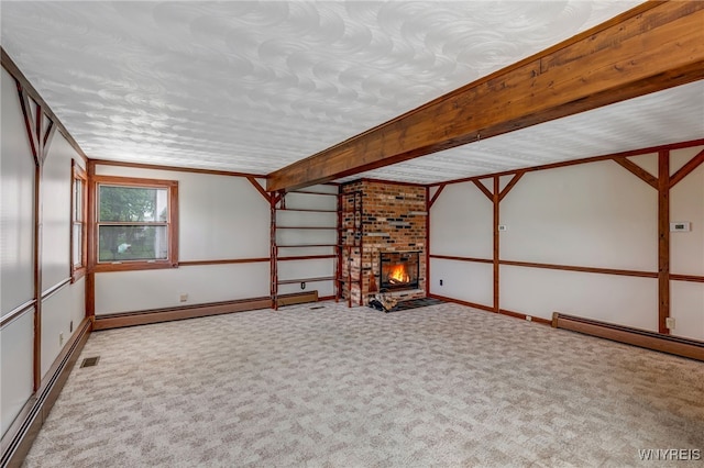 7415 Colonial Dr, Niagara, NY 14305 - unfurnished living room with baseboard heating, carpet, a fireplace, and baseboards