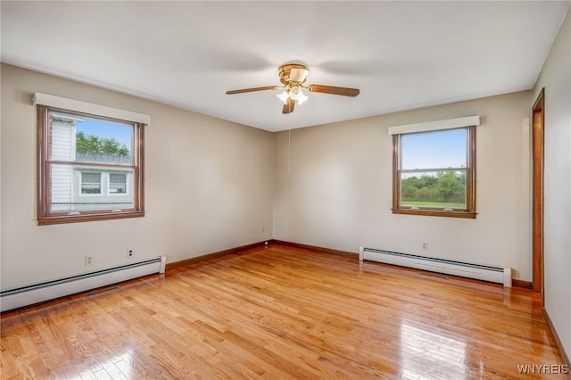 7415 Colonial Dr, Niagara, NY 14305 - unfurnished room with a baseboard radiator, light wood-style flooring, a ceiling fan, and baseboards