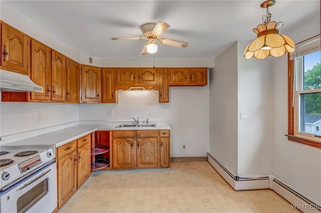 7415 Colonial Dr, Niagara, NY 14305 - kitchen with white electric range oven, a sink, brown cabinets, under cabinet range hood, and light countertops