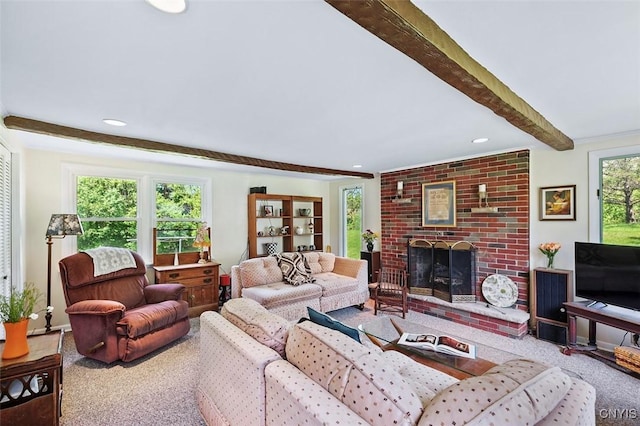 7078 Fuller Rd, Aurelius, NY 13140 - carpeted living room with beam ceiling, a brick fireplace, and recessed lighting