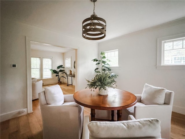 31 Overbrook Rd, Pittsford, NY 14618 - dining space featuring crown molding, plenty of natural light, light wood-type flooring, and a chandelier