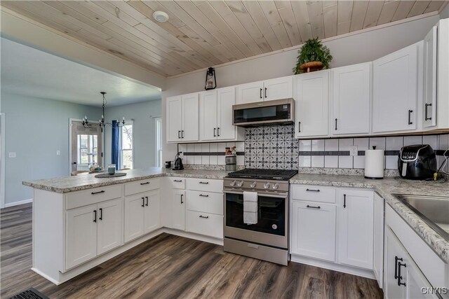 1010 Academy St, Watertown-City, NY 13601 - kitchen featuring stainless steel appliances, a peninsula, white cabinetry, backsplash, and wooden ceiling