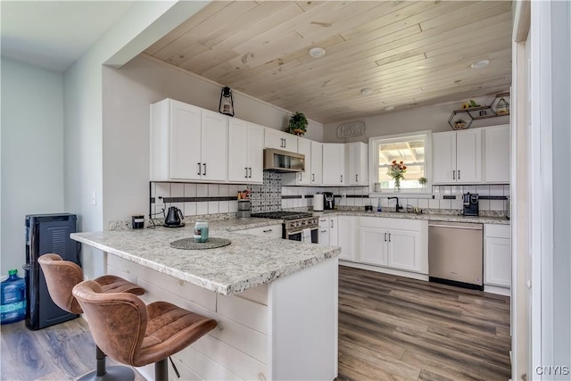 1010 Academy St, Watertown-City, NY 13601 - kitchen with appliances with stainless steel finishes, a sink, white cabinetry, a peninsula, and wood ceiling