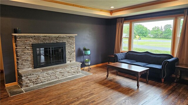 5267 Wheeler Rd, Elbridge, NY 13166 - living area with wood finished floors, baseboards, crown molding, a stone fireplace, and a raised ceiling