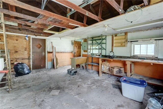 16 Welch Ave, Hamlin, NY 14470 - miscellaneous room with electric panel, concrete floors, a workshop area, and concrete block wall