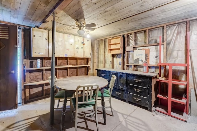 16 Welch Ave, Hamlin, NY 14470 - dining room with concrete flooring, wood ceiling, and ceiling fan