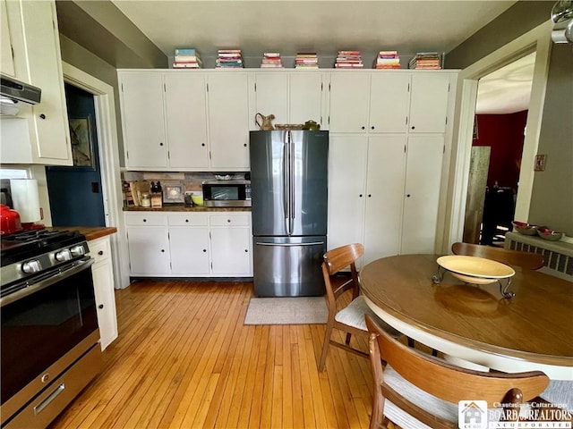 28 N Washington St, Randolph, NY 14772 - kitchen featuring stainless steel appliances, white cabinets, light wood-type flooring, tasteful backsplash, and dark countertops