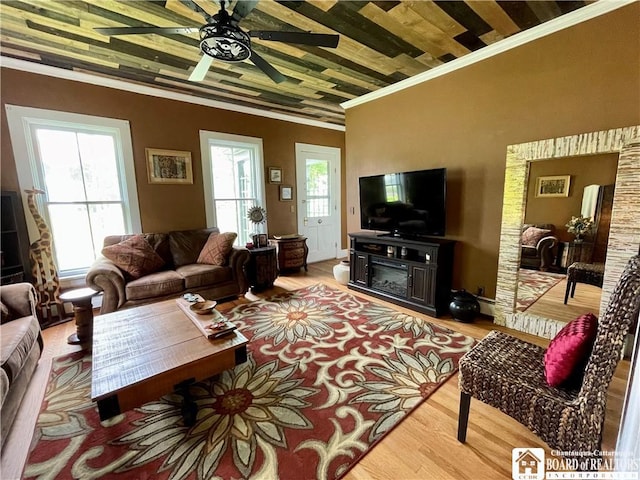 28 N Washington St, Randolph, NY 14772 - living room featuring ornamental molding, wood finished floors, and a ceiling fan