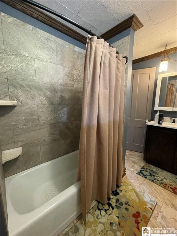 28 N Washington St, Randolph, NY 14772 - full bathroom featuring shower / bathtub combination with curtain, vanity, and ornamental molding