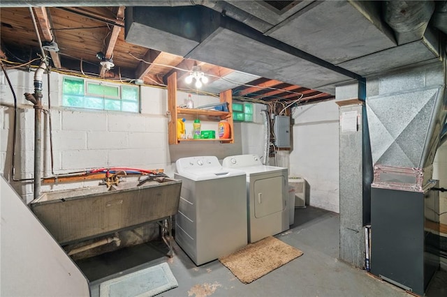 156 Rossiter Rd, Rochester, NY 14620 - laundry room featuring washing machine and dryer, electric panel, and heating unit
