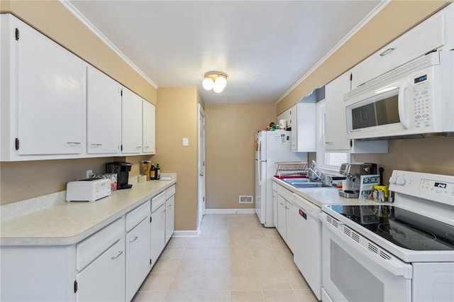 156 Rossiter Rd, Rochester, NY 14620 - kitchen featuring white appliances, white cabinetry, light countertops, a sink, and ornamental molding
