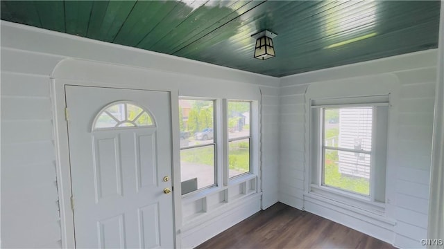 267 Fenway Dr, Syracuse, NY 13224 - foyer with healthy amount of natural light, dark wood-style flooring, and wooden ceiling