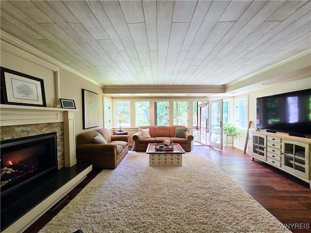 3666 S Hill Rd, Hamburg, NY 14075 - living room with crown molding, a stone fireplace, and dark wood finished floors