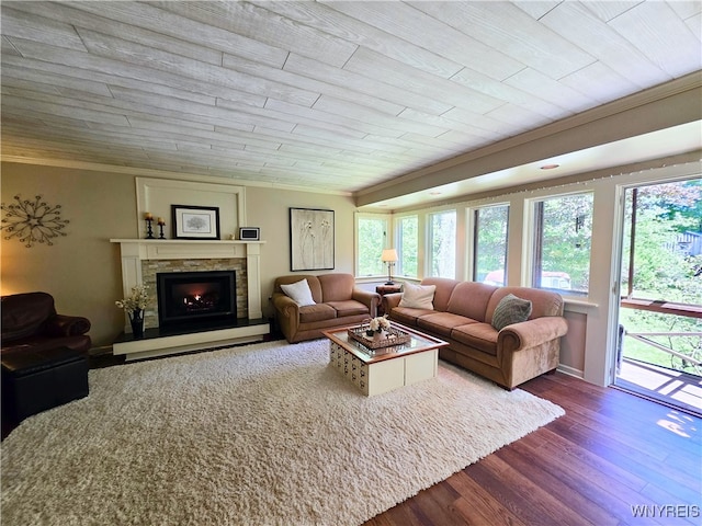 3666 S Hill Rd, Hamburg, NY 14075 - living room featuring healthy amount of natural light, ornamental molding, dark wood-style floors, a stone fireplace, and wooden ceiling