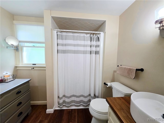 3666 S Hill Rd, Hamburg, NY 14075 - full bathroom with wood finished floors, toilet, vanity, and a shower with shower curtain