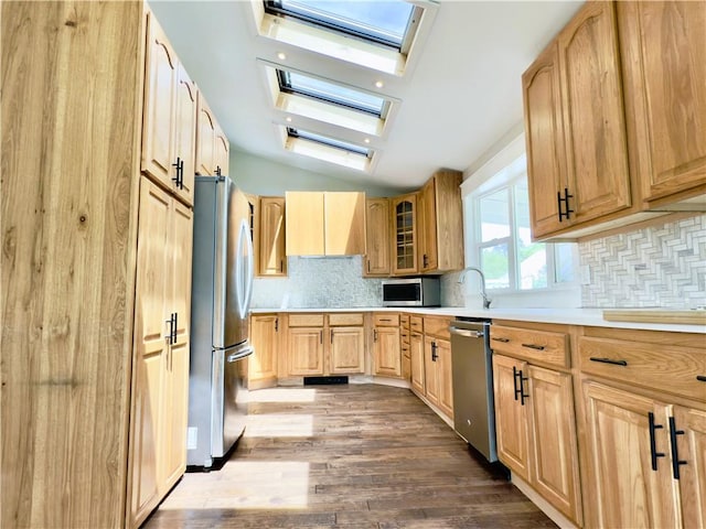 113 1st St, Shinglehouse, PA 16748 - kitchen featuring a skylight, stainless steel appliances, light brown cabinets, dark wood-style flooring, and light countertops