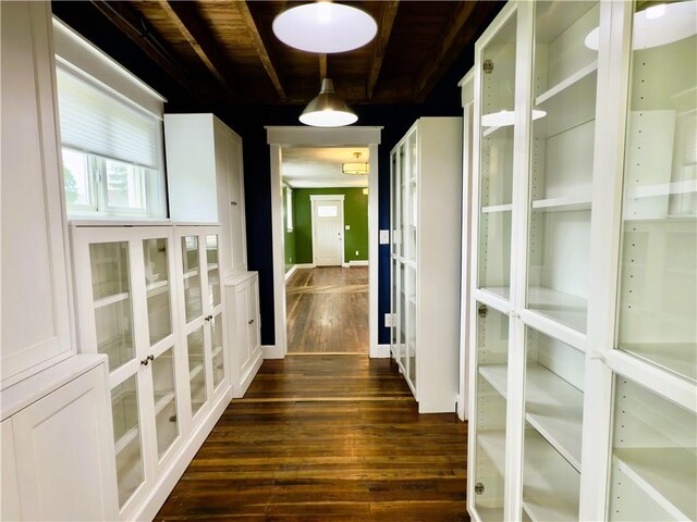 113 1st St, Shinglehouse, PA 16748 - corridor with wooden ceiling with exposed beams and dark wood-type flooring