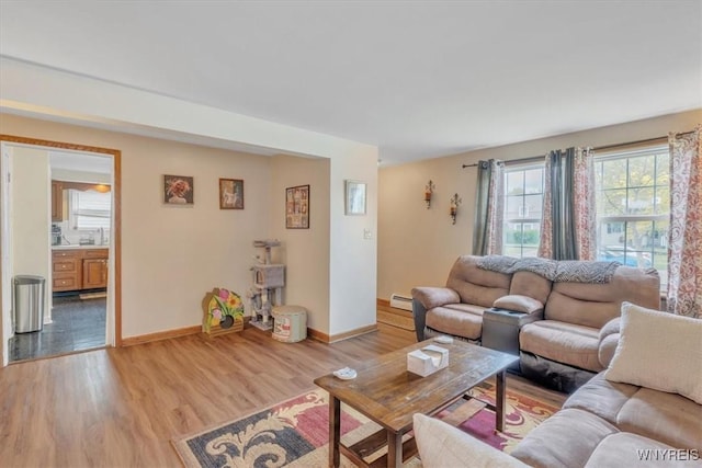 224 Dalton Dr, Tonawanda-Town, NY 14223 - living room with light wood-style floors, baseboards, and baseboard heating