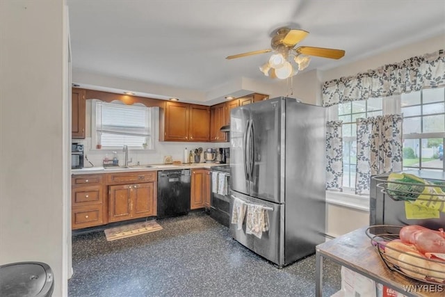 224 Dalton Dr, Tonawanda-Town, NY 14223 - kitchen featuring dishwasher, freestanding refrigerator, range with electric stovetop, and brown cabinets