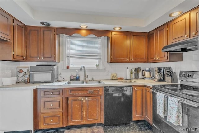 224 Dalton Dr, Tonawanda-Town, NY 14223 - kitchen with electric stove, black dishwasher, under cabinet range hood, a sink, and light countertops