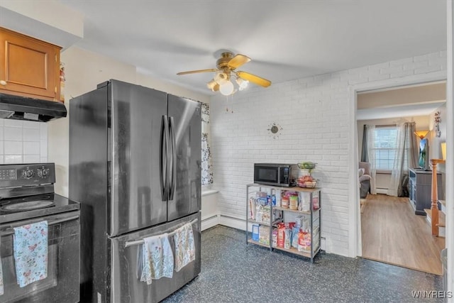 224 Dalton Dr, Tonawanda-Town, NY 14223 - kitchen featuring black electric range, freestanding refrigerator, under cabinet range hood, a ceiling fan, and brown cabinetry