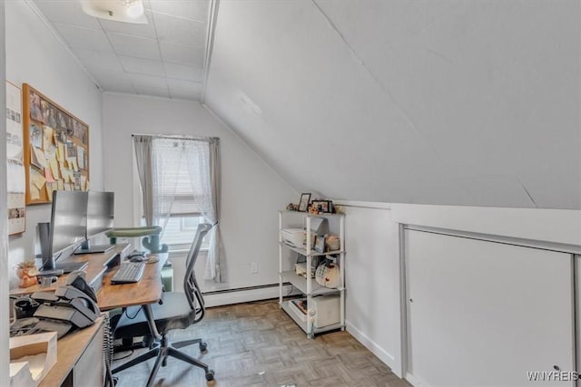 224 Dalton Dr, Tonawanda-Town, NY 14223 - home office featuring a baseboard radiator, vaulted ceiling, and baseboards