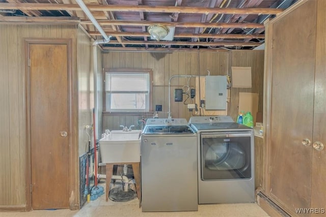 224 Dalton Dr, Tonawanda-Town, NY 14223 - laundry area with separate washer and dryer, electric panel, wooden walls, and a sink
