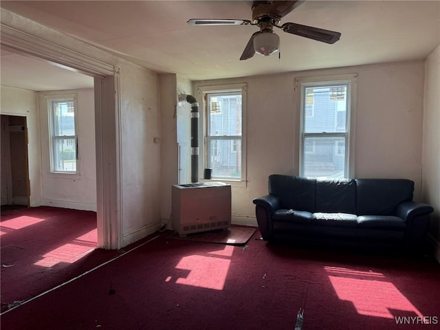1306 E Lovejoy St, Buffalo, NY 14206 - carpeted living room featuring plenty of natural light, ceiling fan, heating unit, and baseboards